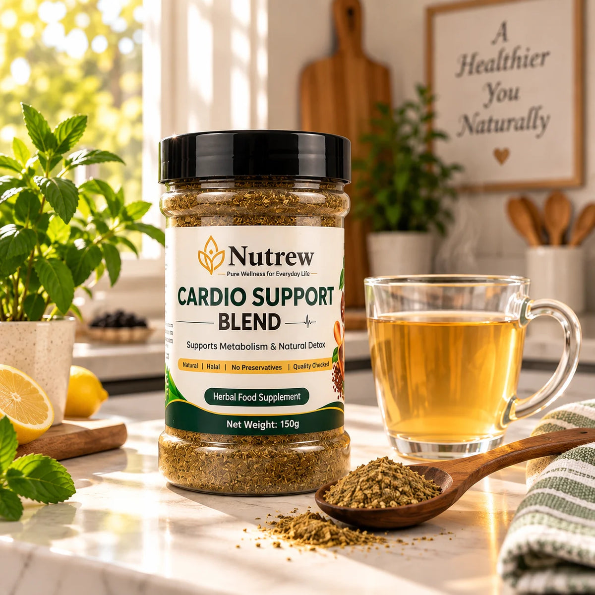 A jar of Nutrew Cardio Support Blend herbal food supplement sits on a kitchen counter next to a glass mug of tea, with a wooden spoon of loose herbal powder, fresh mint, and lemons in a bright, warm kitchen setting.