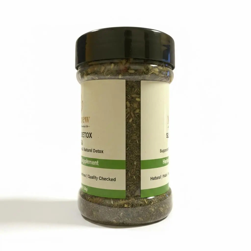 Jar of herbal supplement with a white label on a white background