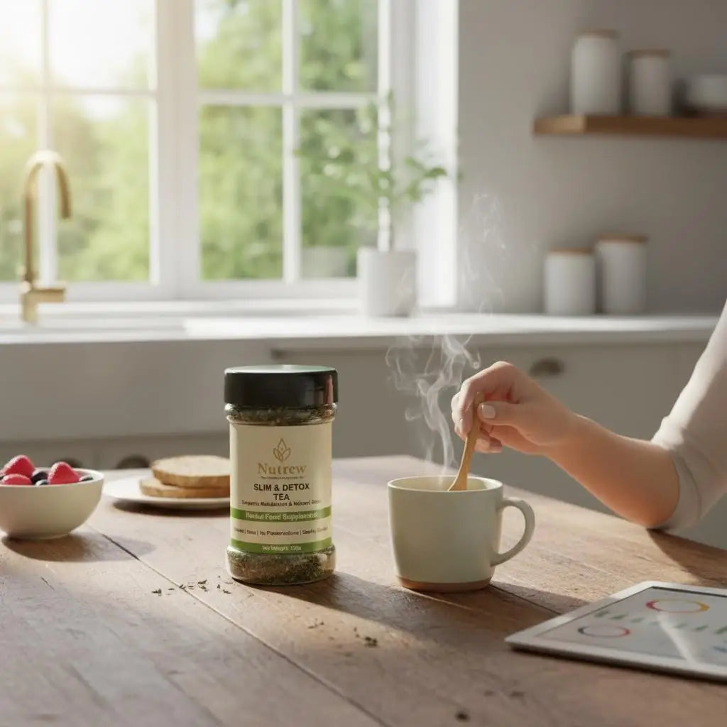 Person stirring a steaming cup of tea with a NuTrew product on a kitchen counter.