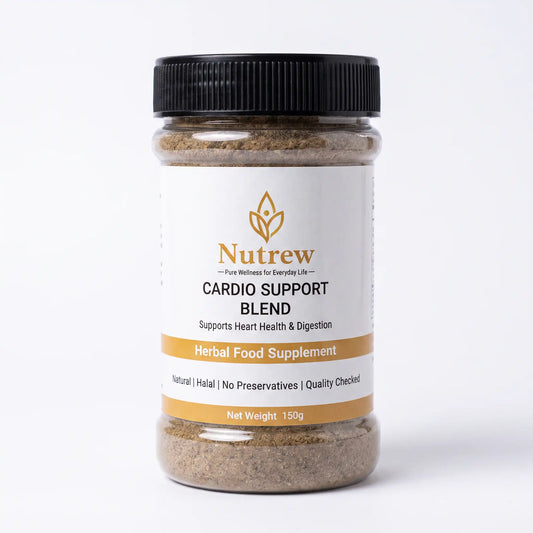 A clear plastic jar of Nutrew Cardio Support Blend herbal food supplement with a black screw cap and a white label featuring gold and black text, set against a plain white background.