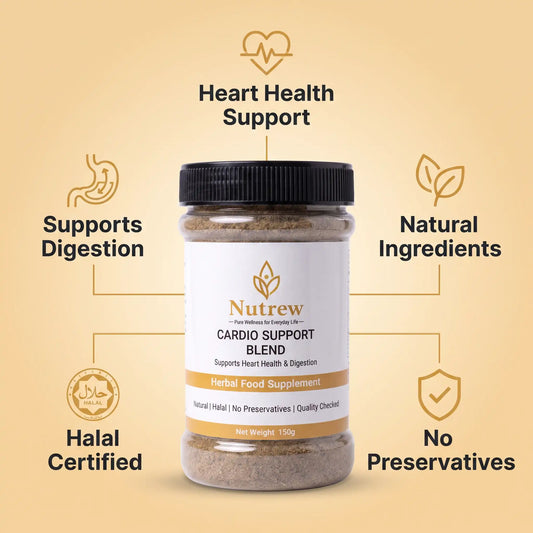 A bottle of Nutrew Cardio Support Blend herbal food supplement centered on a warm beige background, surrounded by gold icons and text highlighting benefits: heart health support, digestion support, natural ingredients, halal certification, and no preservatives.