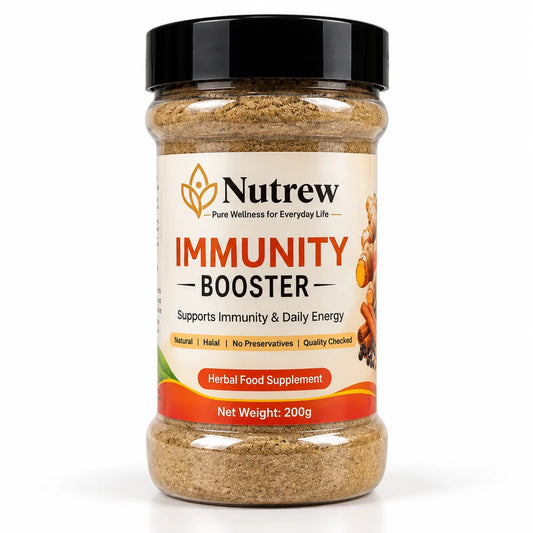 A 200g jar of Nutrew Immunity Booster herbal food supplement, featuring a clear plastic container filled with brown powder, a black lid, and a cream-colored label with orange and black text.