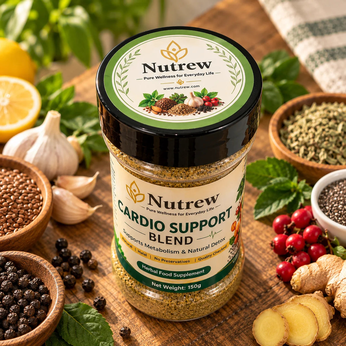 A jar of Nutrew Cardio Support Blend herbal food supplement, surrounded by fresh ingredients like garlic, ginger, red berries, peppercorns, and herbs on a rustic wooden table.