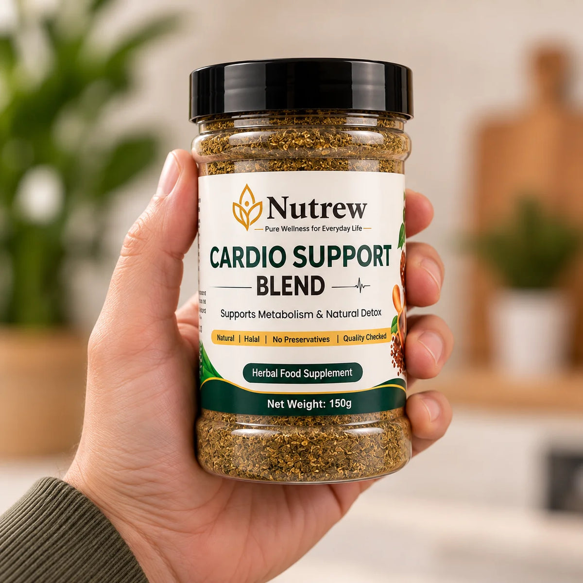 A hand holding a clear plastic jar of Nutrew Cardio Support Blend herbal food supplement, with a blurred indoor background.
