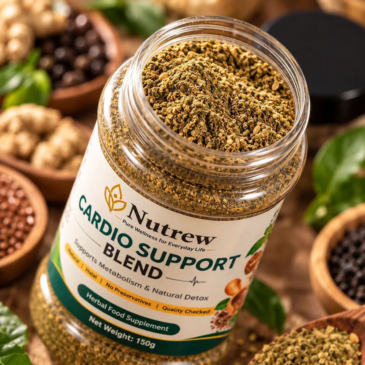 An open jar of Nutrew Cardio Support Blend herbal food supplement, showing the green and brown powder inside, surrounded by ingredients like ginger, garlic, and herbs on a blurred background.
