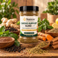 A jar of Nutrew Cardio Support Blend herbal food supplement sits on a rustic wooden table surrounded by ingredients like ginger, turmeric, cinnamon, peppercorns, and mint leaves.