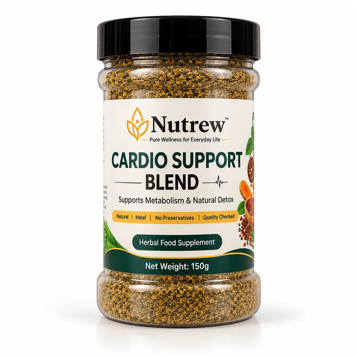 A clear plastic jar of Nutrew Cardio Support Blend herbal food supplement with a black lid and a white label, set against a plain white background.