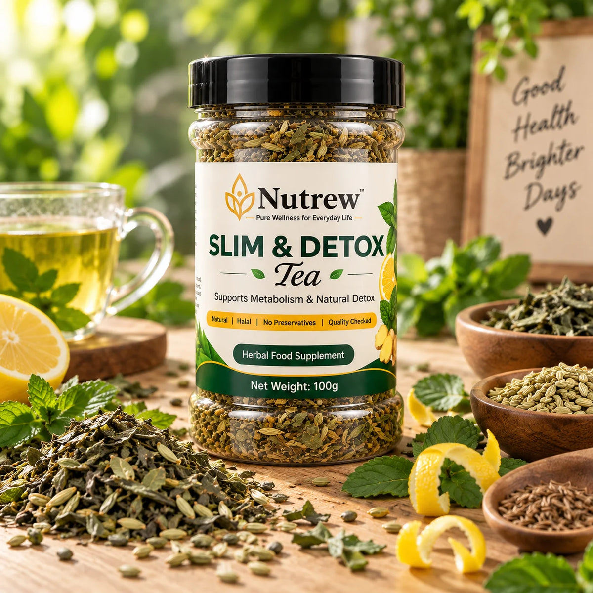 A jar of Nutrew Slim & Detox Tea stands on a wooden table surrounded by loose tea leaves, lemon slices, mint leaves, bowls of herbs, and a glass mug of pale yellow tea. A blurred outdoor green background and a sign reading 'Good Health Brighter Days' appear behind the product.