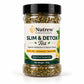 A 100g jar of Nutrew Slim & Detox Tea herbal supplement, featuring a clear plastic jar filled with dried green tea leaves, a black lid, and a white label with green and yellow accents.