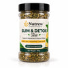 A 100g jar of Nutrew Slim & Detox Tea herbal supplement, featuring a clear plastic jar filled with dried green tea leaves, a black lid, and a white label with green and yellow accents.
