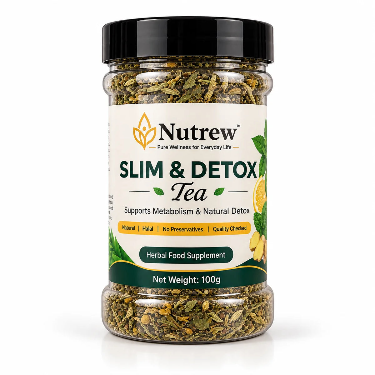 A 100g jar of Nutrew Slim & Detox Tea herbal supplement, featuring a clear plastic jar filled with dried green tea leaves, a black lid, and a white label with green and yellow accents.