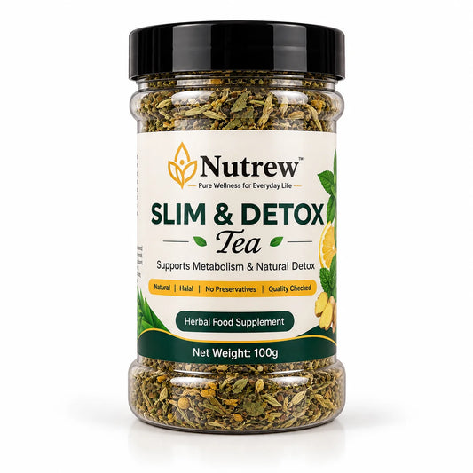 A 100g jar of Nutrew Slim & Detox Tea herbal supplement, featuring a clear plastic jar filled with dried green tea leaves, a black lid, and a white label with green and yellow accents.