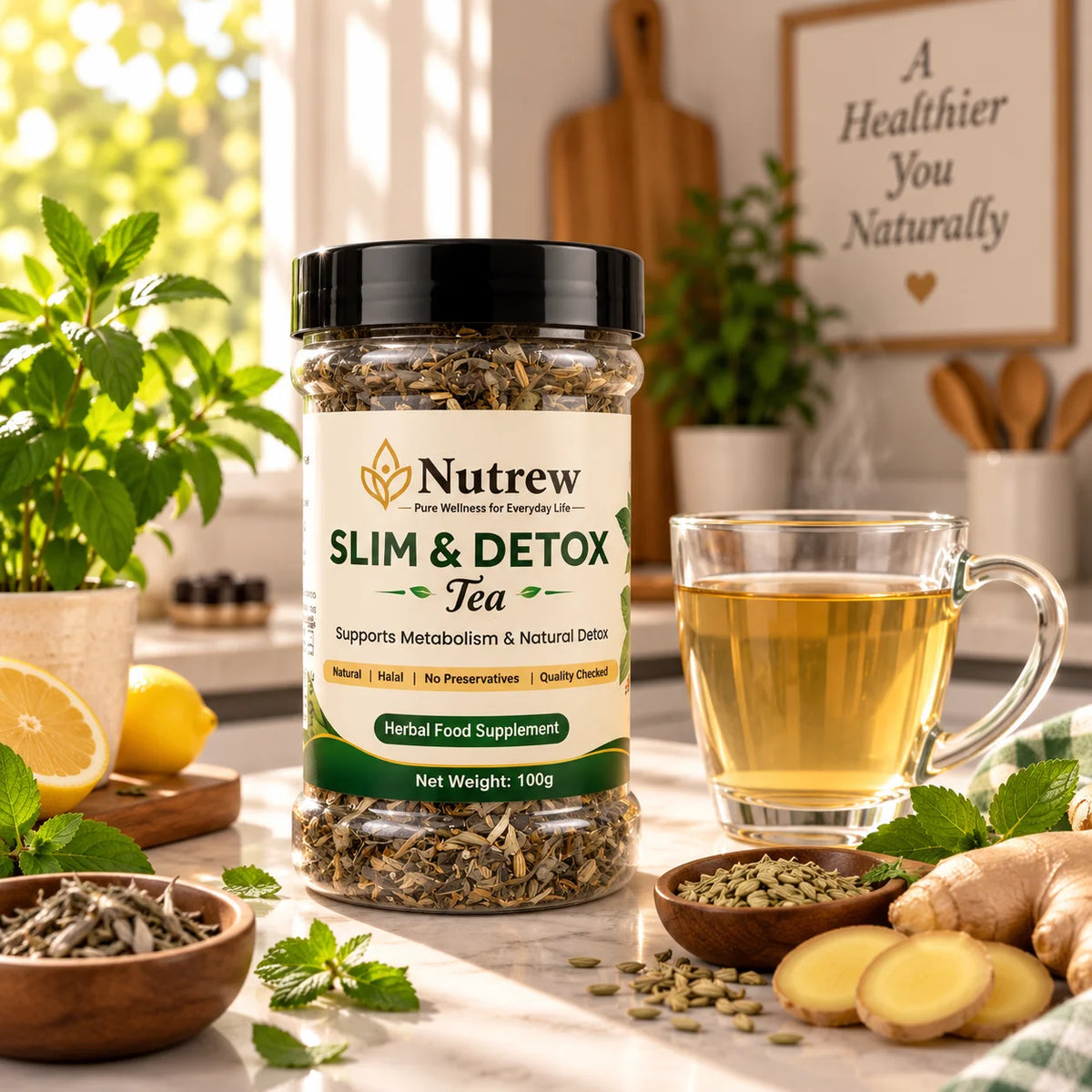 A jar of Nutrew Slim & Detox Tea herbal food supplement stands on a kitchen counter beside a glass mug of brewed tea, with ginger, mint, lemon, and other tea-related ingredients around it. The background shows a softly blurred kitchen interior.