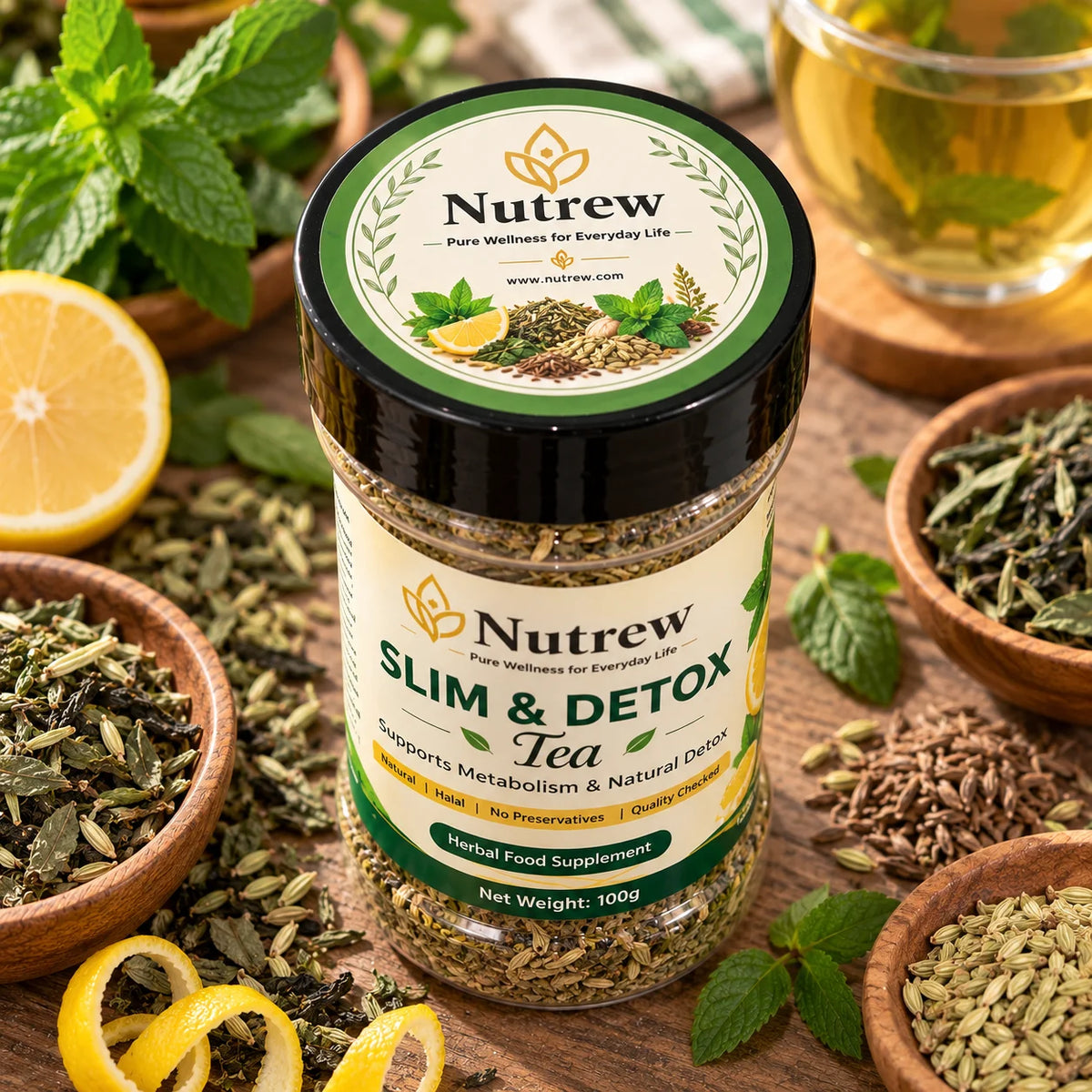 A jar of Nutrew Slim & Detox herbal tea supplement placed on a wooden surface surrounded by loose herbs, mint leaves, lemon slices, and a glass of light tea.