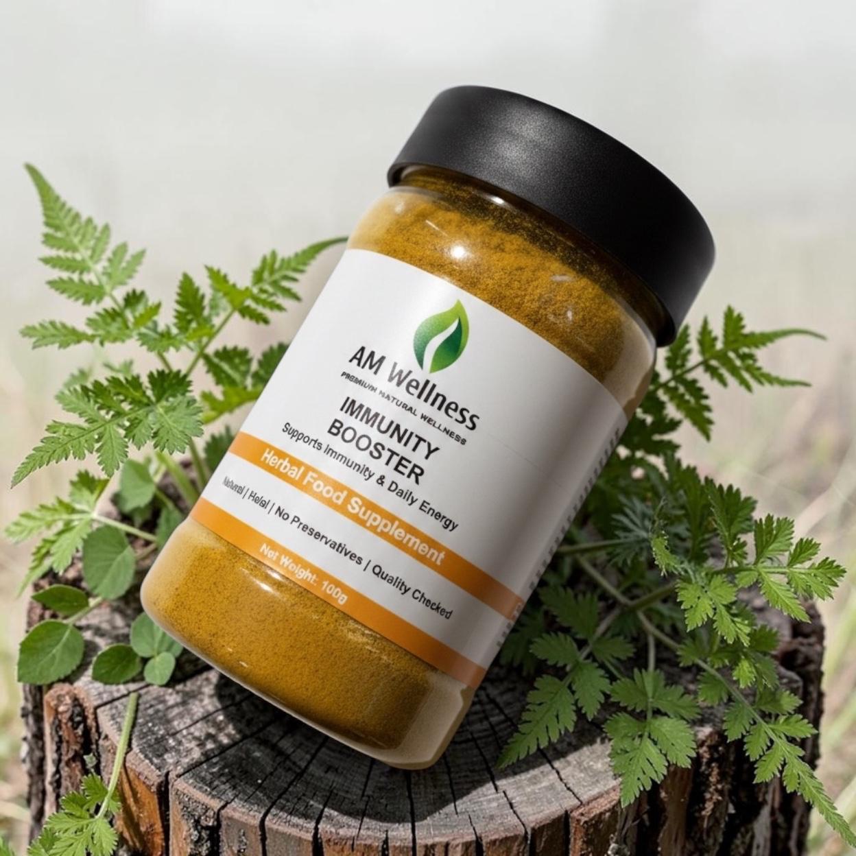 AM Wellness Immunity Booster supplement jar on a wooden stump with plants