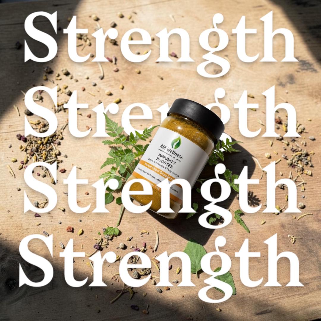 Supplement jar with herbs on a wooden surface, text overlay 'Strength'.