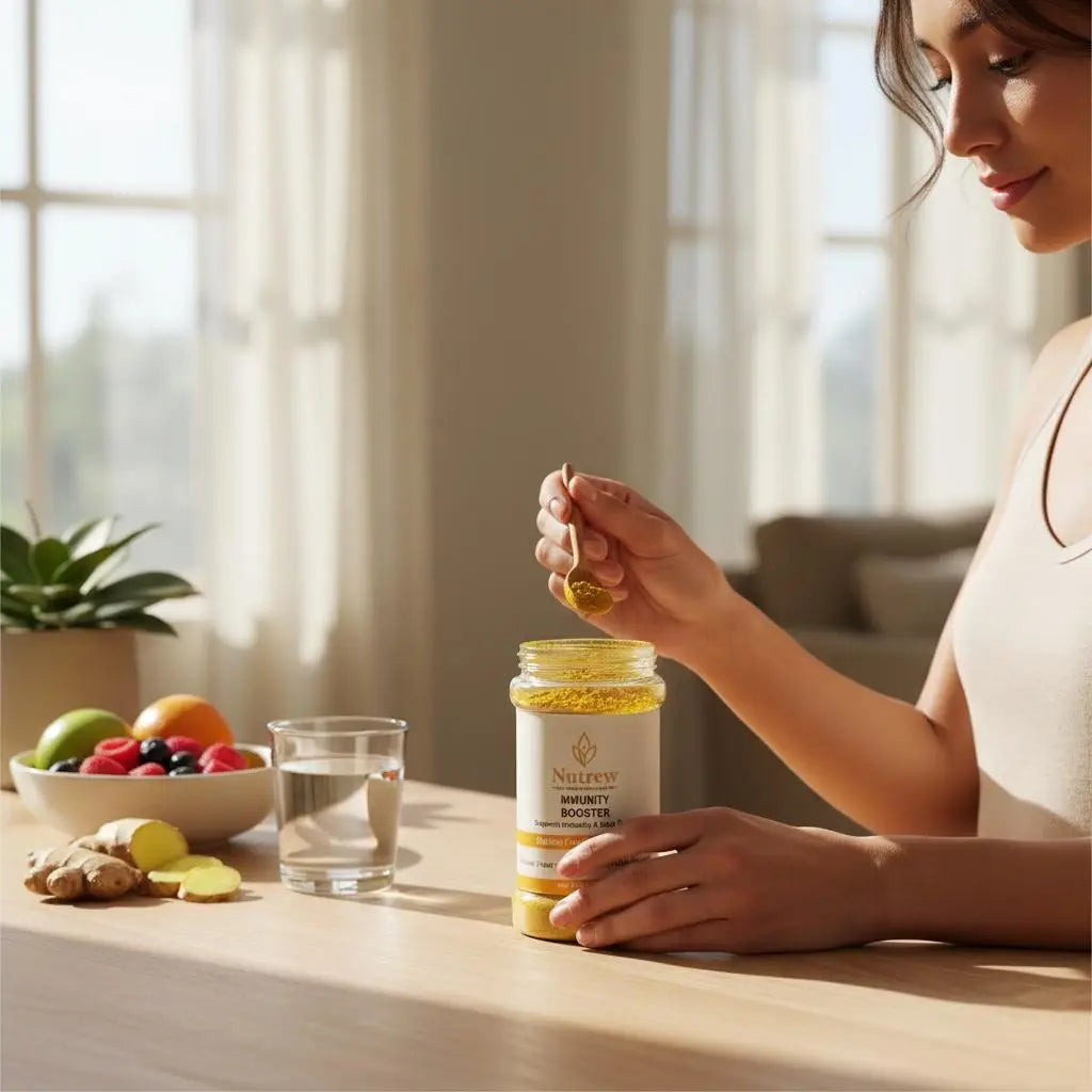 Woman pouring nutrew immunity booster into a jar on a table with fruits and a glass of water in the background.