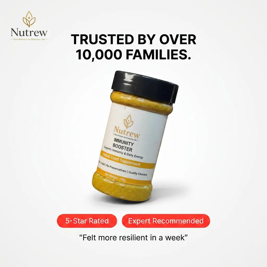 Nutrew immunity booster supplement jar with branding and product details on a white background