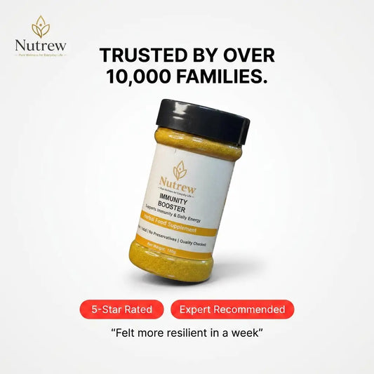 Nutrew immunity booster supplement jar with branding and product details on a white background