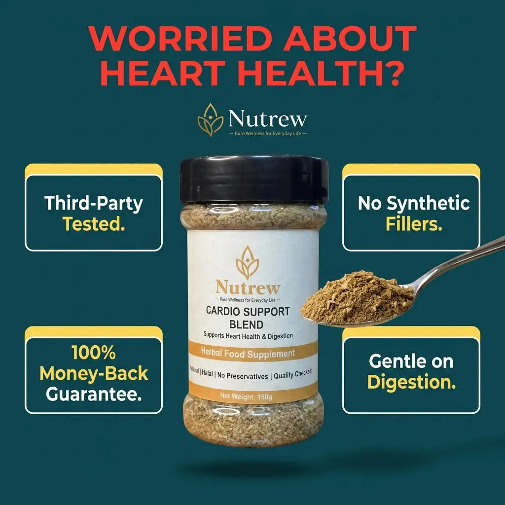 Nutrew Cardio Support Blend supplement jar with spoonful of powder on a green background