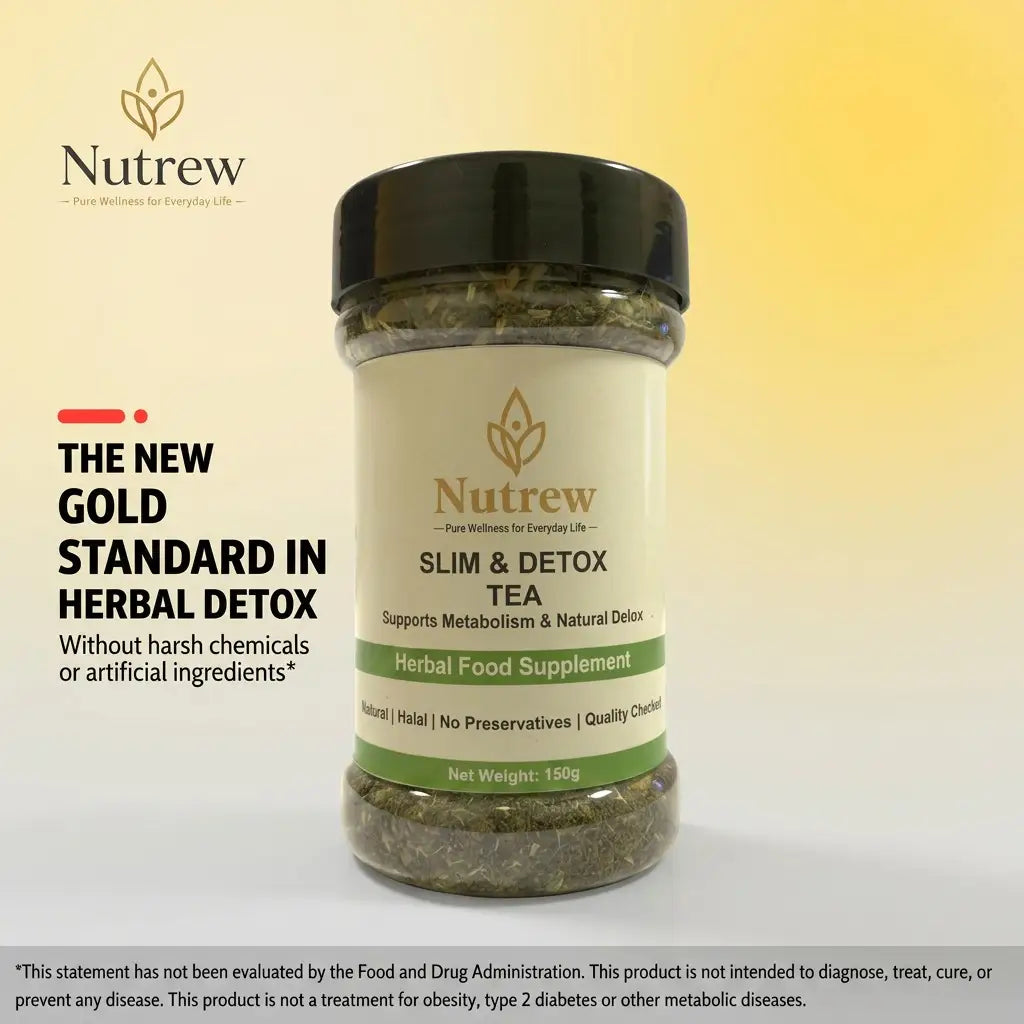 nutre jar slim and detox tead product with the text on its right "THE NEW GOLD STANDARD IN HERBAL DETOX"