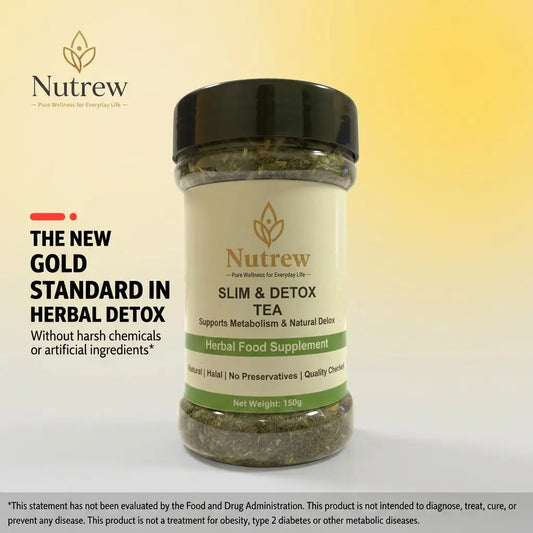 nutre jar slim and detox tead product with the text on its right "THE NEW GOLD STANDARD IN HERBAL DETOX"