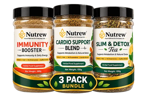 Three Nutrew herbal supplement jars in a 3-pack bundle: Immunity Booster, Cardio Support Blend, and Slim & Detox Tea, with a central '3 PACK BUNDLE' banner.