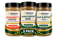 Three Nutrew herbal supplement jars in a 3-pack bundle: Immunity Booster, Cardio Support Blend, and Slim & Detox Tea, with a central '3 PACK BUNDLE' banner.