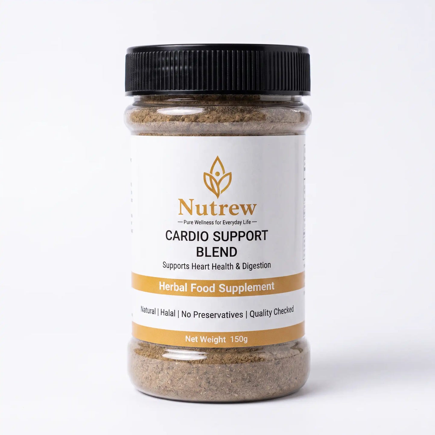 A clear plastic jar of Nutrew Cardio Support Blend herbal food supplement with a black screw cap and a white label featuring gold and black text, set against a plain white background.