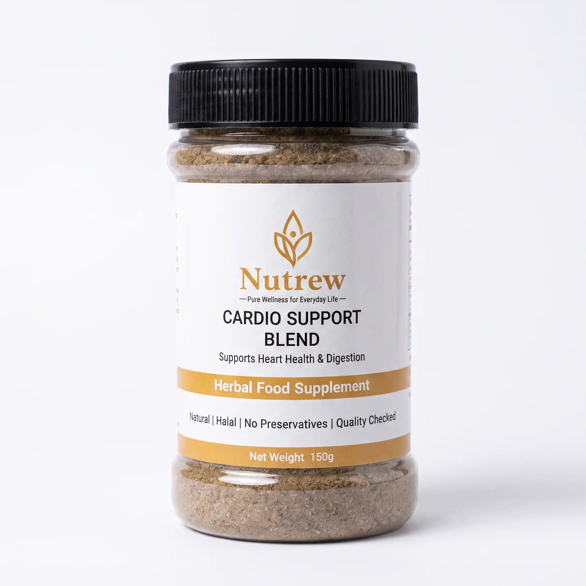 A clear plastic jar of Nutrew Cardio Support Blend herbal food supplement with a black screw cap and a white label featuring gold and black text, set against a plain white background.