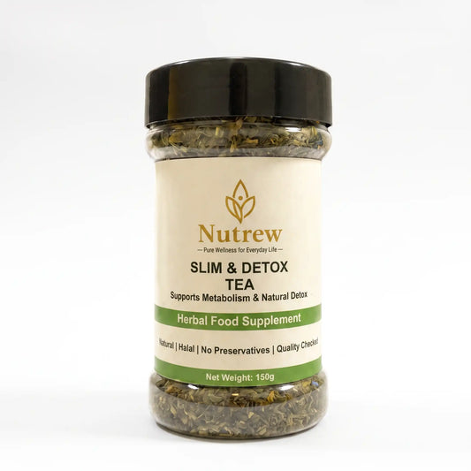 A jar of Nutrew Slim & Detox Tea herbal food supplement with a black lid and cream-colored label, set against a plain white background.
