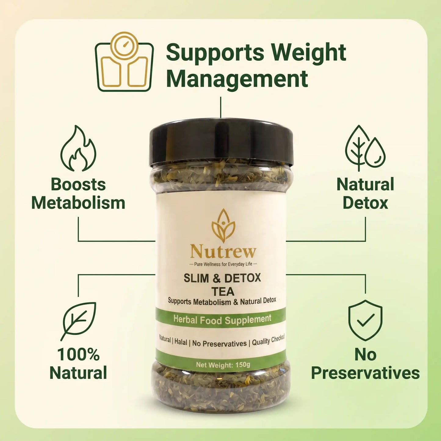 A jar of Nutrew Slim & Detox Tea centered on a pale green background with surrounding text and icons claiming benefits such as supports weight management, boosts metabolism, natural detox, 100% natural, and no preservatives.