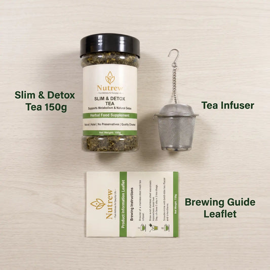 A jar of Nutrey Slim & Detox Tea 150g shown on a light wood background alongside a stainless steel tea infuser and a brewing guide leaflet. Text labels identify the items.