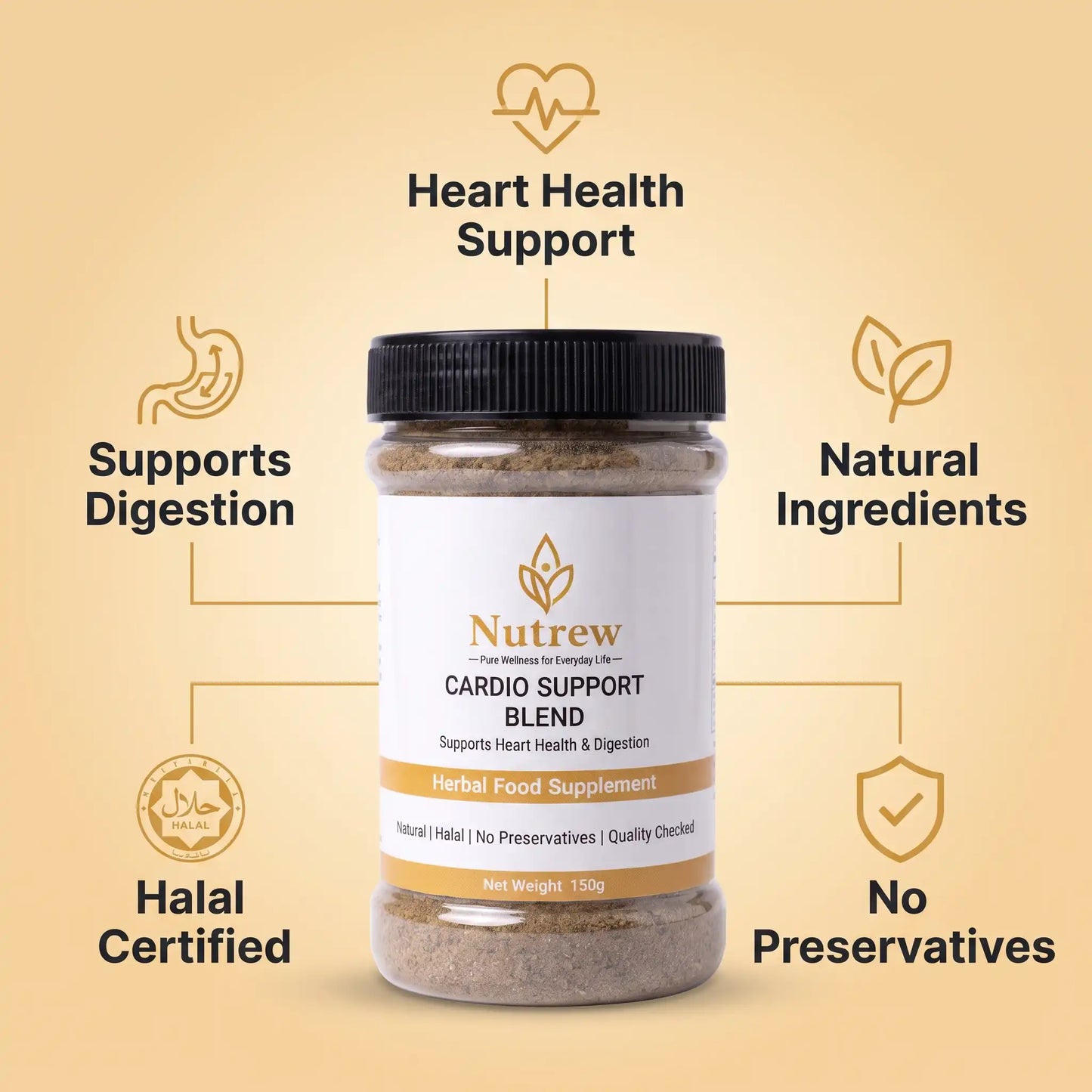 A bottle of Nutrew Cardio Support Blend herbal food supplement centered on a warm beige background, surrounded by gold icons and text highlighting benefits: heart health support, digestion support, natural ingredients, halal certification, and no preservatives.