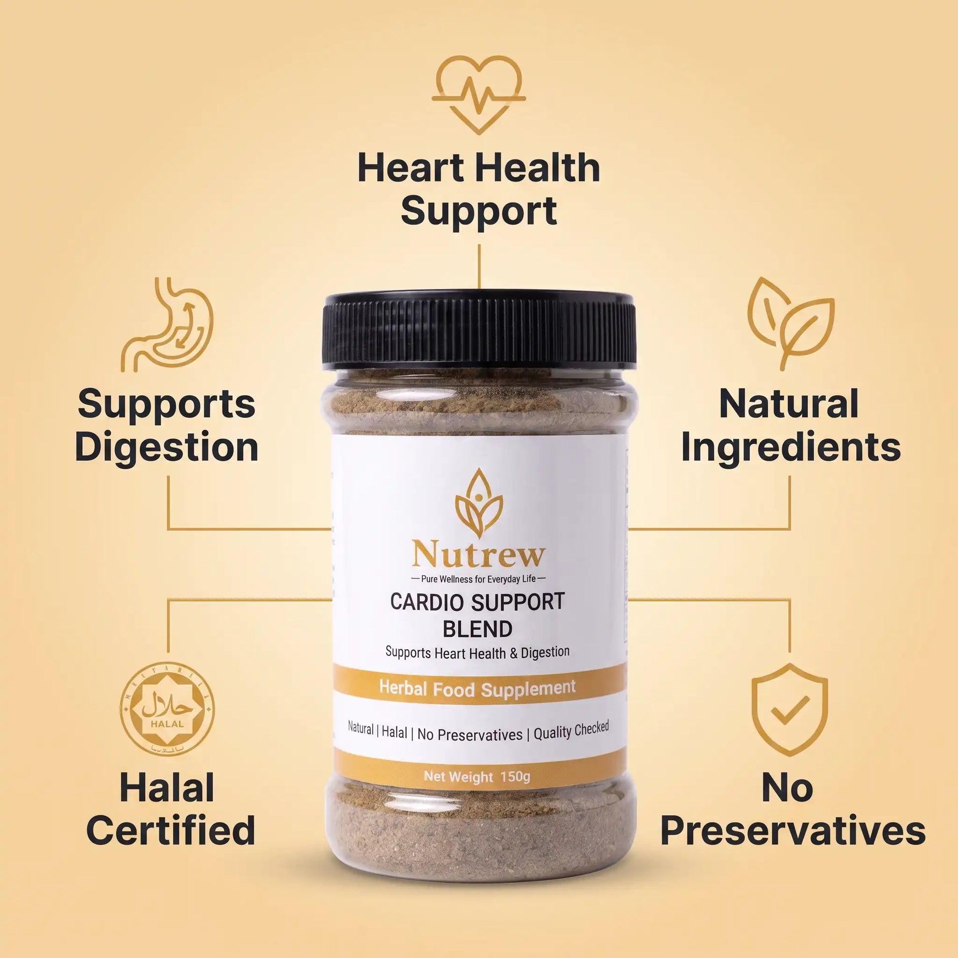 A bottle of Nutrew Cardio Support Blend herbal food supplement centered on a warm beige background, surrounded by gold icons and text highlighting benefits: heart health support, digestion support, natural ingredients, halal certification, and no preservatives.