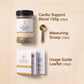 Nutrew Cardio Support Blend product display on a light wood background, showing a 150g jar with black lid, a gold measuring scoop, and a folded usage guide leaflet with text labels.