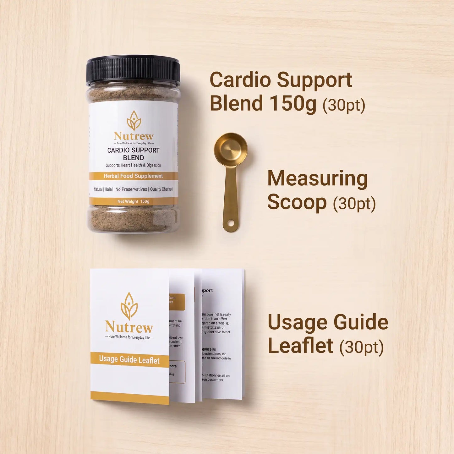 Nutrew Cardio Support Blend product display on a light wood background, showing a 150g jar with black lid, a gold measuring scoop, and a folded usage guide leaflet with text labels.