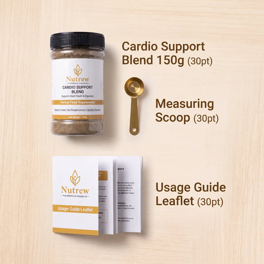 Nutrew Cardio Support Blend product display on a light wood background, showing a 150g jar with black lid, a gold measuring scoop, and a folded usage guide leaflet with text labels.