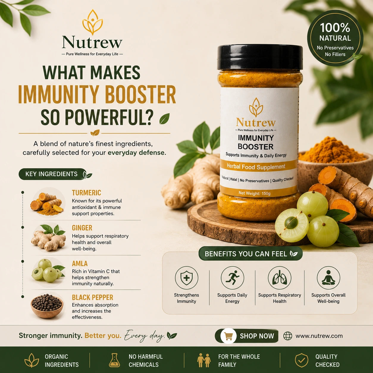 Nutrew Immunity Booster herbal supplement jar shown on a branded marketing graphic with ginger, turmeric, green grapes, and a wooden bowl, plus text about key ingredients and benefits.