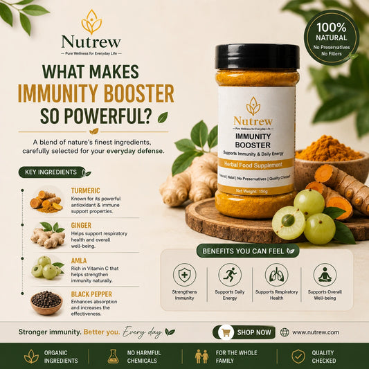 Nutrew Immunity Booster herbal supplement jar shown on a branded marketing graphic with ginger, turmeric, green grapes, and a wooden bowl, plus text about key ingredients and benefits.