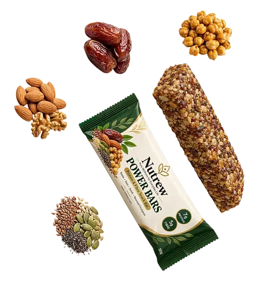 A Nutrew Power Bar shown on a clean white background, surrounded by its natural ingredients: almonds, walnuts, dates, pumpkin seeds, chia seeds, and flax seeds.