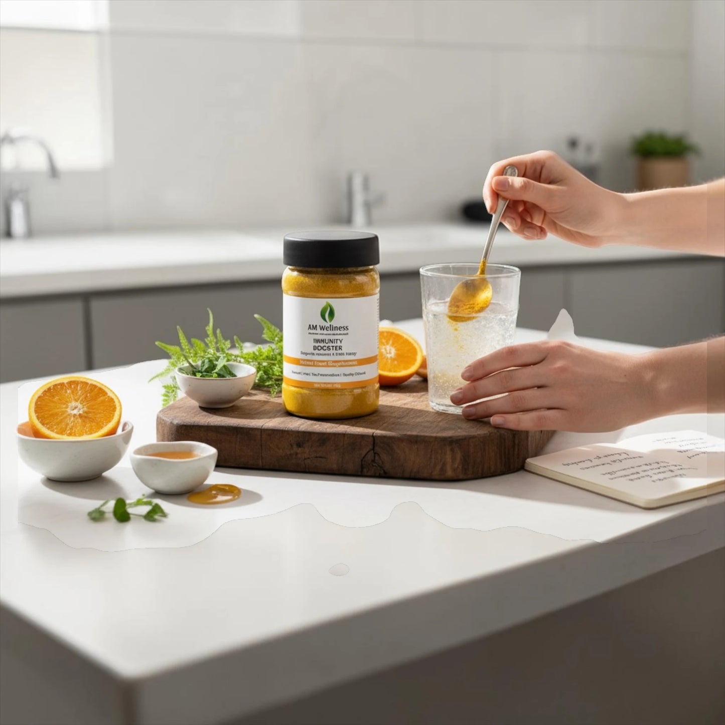 Person using a jar of honey on a kitchen counter with oranges and herbs.