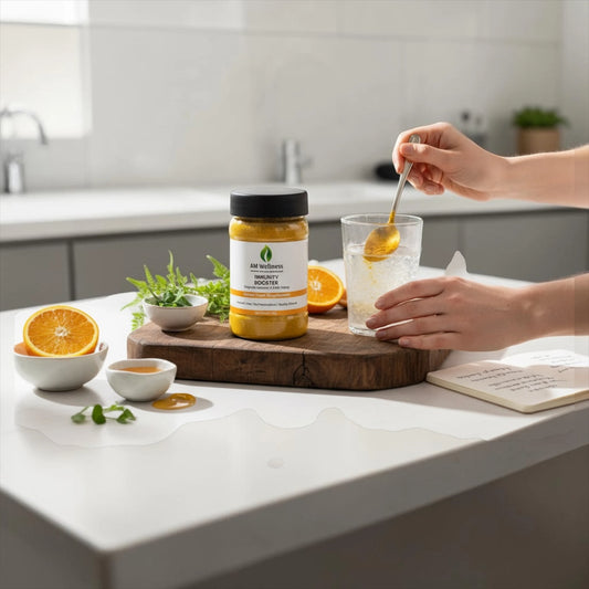 Person using a jar of honey on a kitchen counter with oranges and herbs.